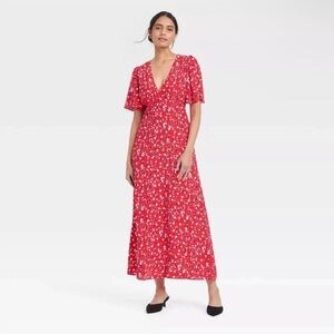 a new day Red Floral V-Neck Maxi Dress with Flutter Sleeves